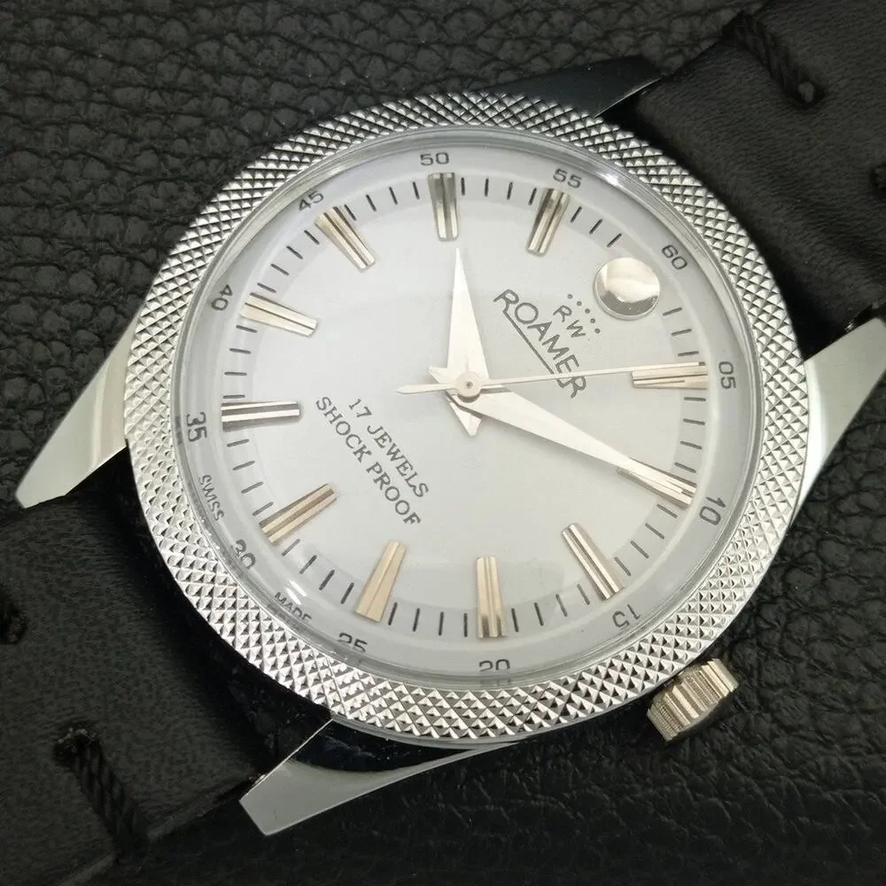 Vintage 1983 Roamer Manual Mens Silver Watch W/Leather Strap & White accents